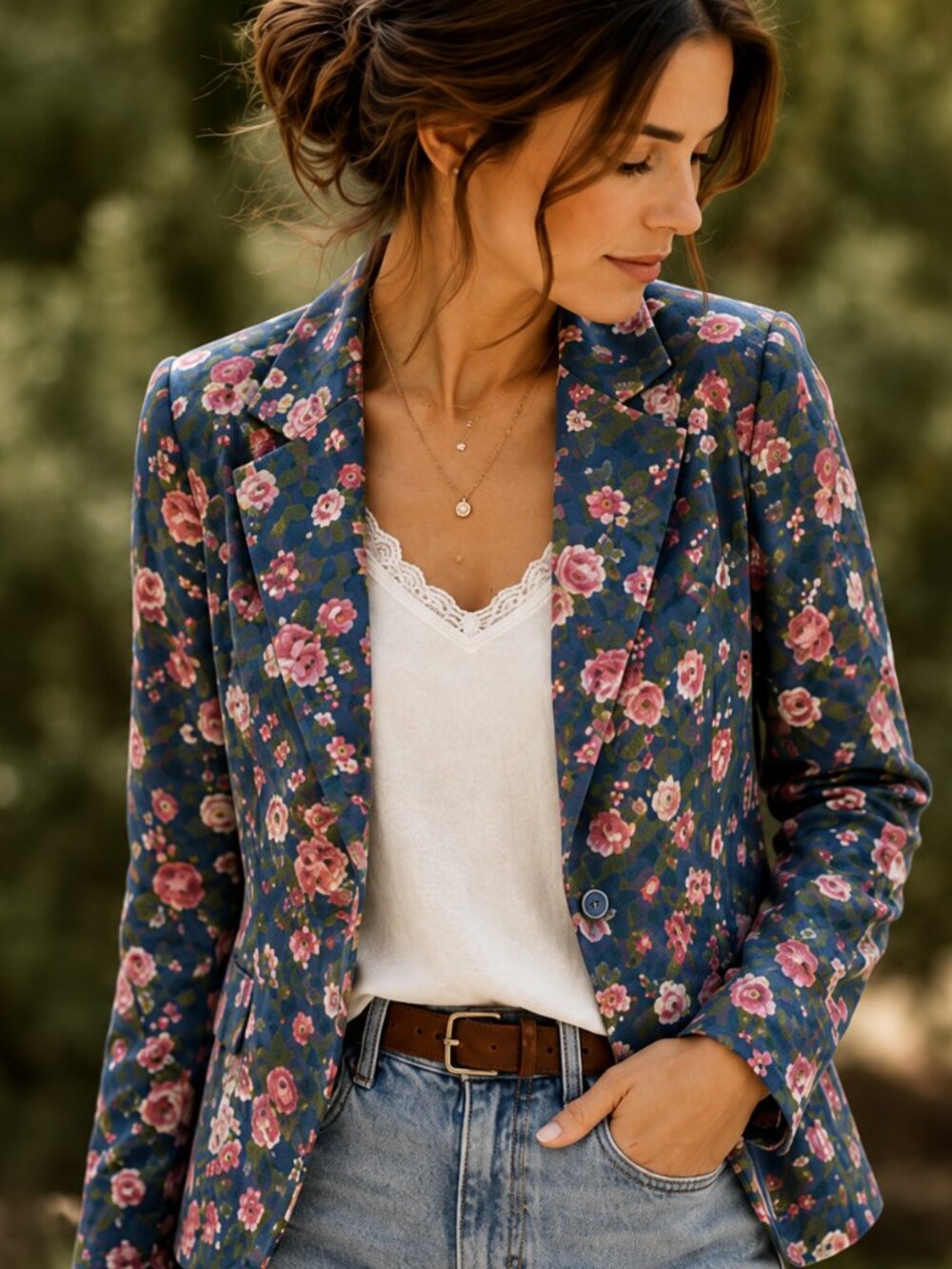 Tulle 100% Cotton Blue Floral‎ Single Button Lightweight hourglass Blazer M